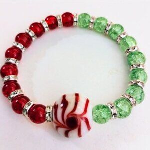 RED and Green Rhinestone Christmas Glass Peppermint Candy Bracelet